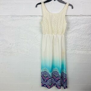 Paper Doll lace top sleeveless Cream and Blue Ombre geometric print Dress SZ 14